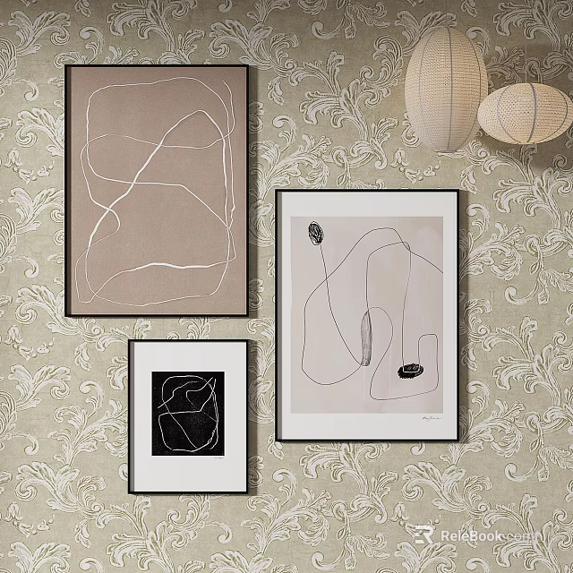 Minimalist Abstract Paintings Framed on Patterned Wallpaper With Decorative Lanterns 3d model