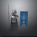 Man's Silver Armor On Gray Base With Blue Flag White Tree Pattern And Long Pole
