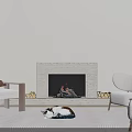Cozy Stone Fireplace With Burning Fire Accent Chairs Area Rug And Cat Lying