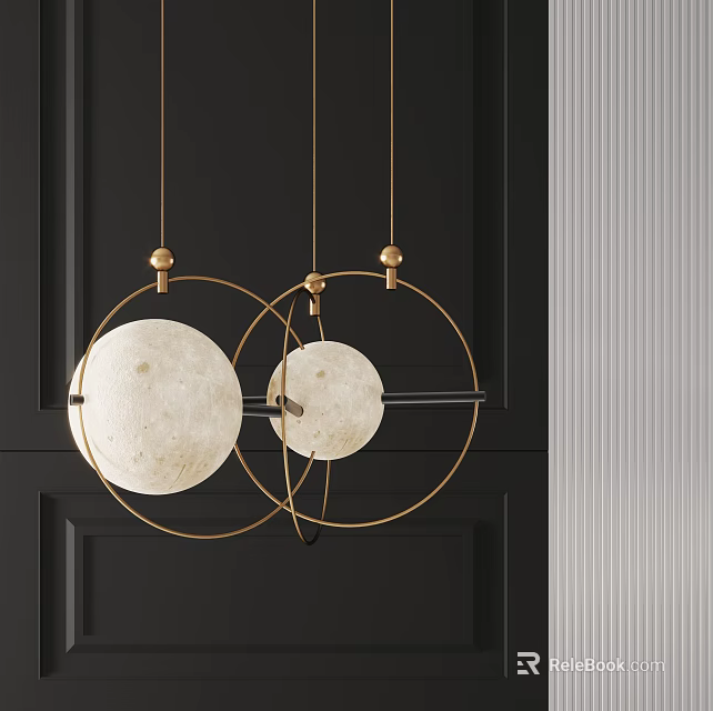 Two Modern Gold Circular Pendant Lights With Moon Surface Texture On Dark Background 3d model 
