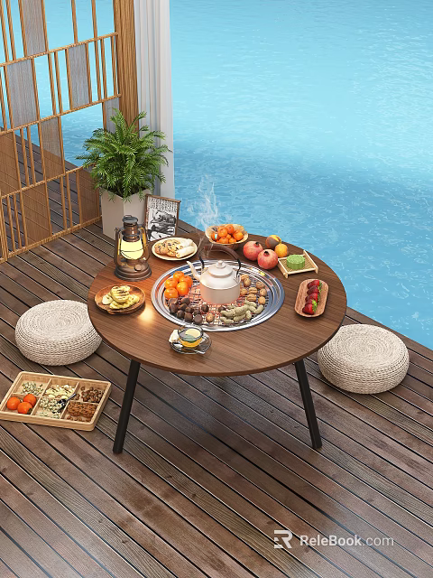 Outdoor Round Wooden Table on Poolside Deck with Food Fruits Lantern and Woven Cushions 3d model 