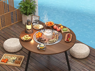 Outdoor Round Wooden Table on Poolside Deck with Food Fruits Lantern and Woven Cushions 3d model