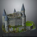 Medieval Stone Castle Architecture With Multiple Pointed Roof Towers And Green Lawn