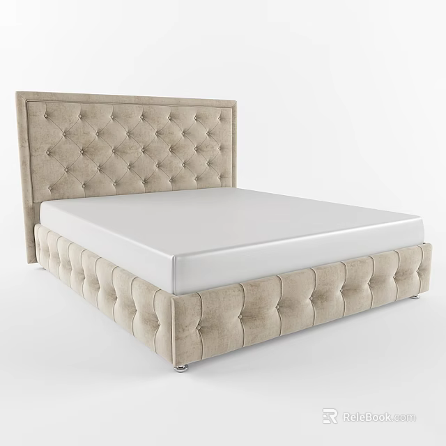 Beige Tufted Double Bed With Soft Upholstered Headboard And Frame 3d model 