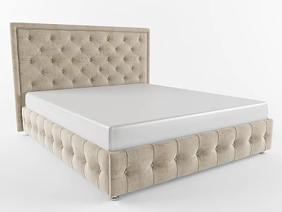 Beige Tufted Double Bed With Soft Upholstered Headboard And Frame 3d model