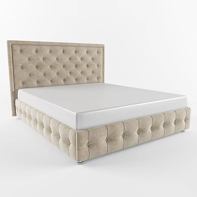 Beige Tufted Double Bed With Soft Upholstered Headboard And Frame 3d model