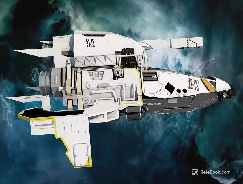 Futuristic White Spacecraft With Yellow Black Details And Structural Parts In Cosmic Background 3d model 