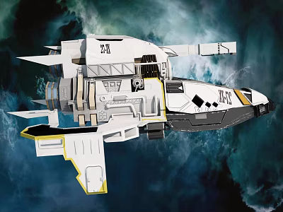 Futuristic White Spacecraft With Yellow Black Details And Structural Parts In Cosmic Background 3d model