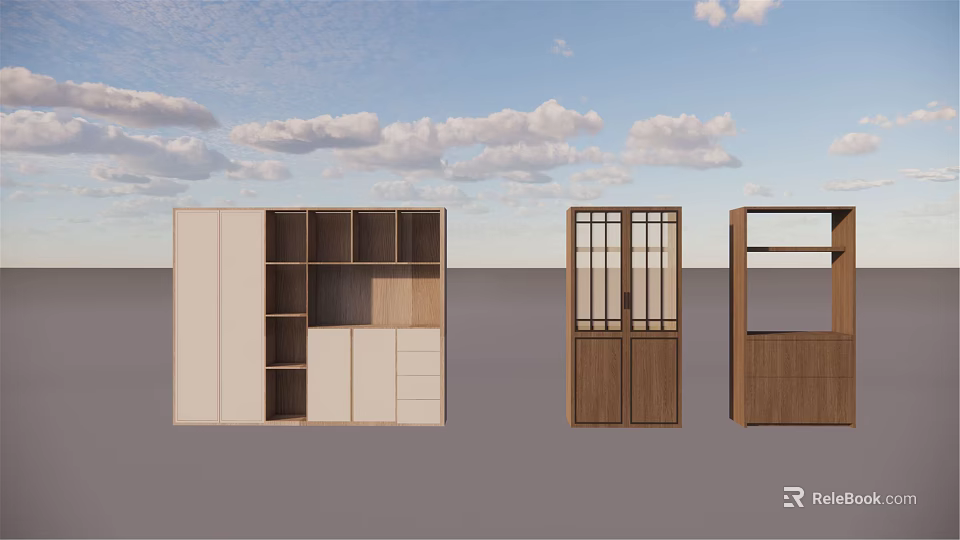 Modern Storage Cabinets With Wooden Frames Glass Doors And Open Shelves 3d model 