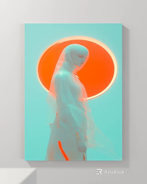 Figure Painting in White Veiled Garment with Orange Circular Glow on Light Blue Background 3d model 