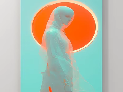 Figure Painting in White Veiled Garment with Orange Circular Glow on Light Blue Background 3d model