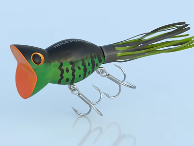 Lifelike Frog Shaped Fishing Lure With Black Green Body Orange Mouth And Treble Hooks 3d model