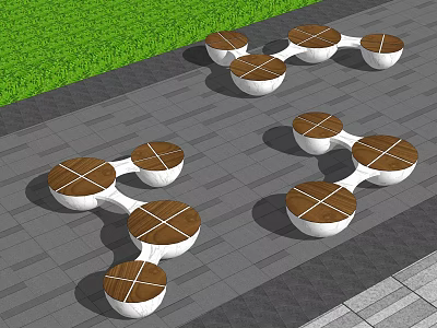 Modern Outdoor Landscape Seats With Wooden Tops And White Bases On Gray Pavement 3d model