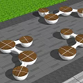 Modern Outdoor Landscape Seats With Wooden Tops And White Bases On Gray Pavement