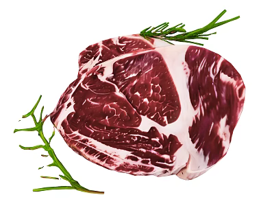 Fresh Raw Meat With Marbled Fat Texture And Fresh Rosemary Sprigs 3d model