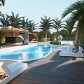 Luxury Residential Landscape with Swimming Pool Palm Trees Lounge Chairs and Ambient Lighting