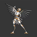 Detailed Mechanical Winged Creature With Gold White Armor And Eagle Like Wings Standing Pose 3d model