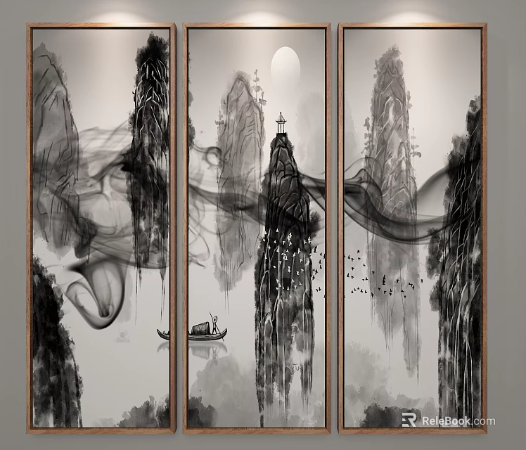 Traditional Chinese Ink Painting With Mountain Moon Boat Mist And Birds On Three Panels 3d model 