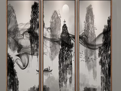 Traditional Chinese Ink Painting With Mountain Moon Boat Mist And Birds On Three Panels 3d model