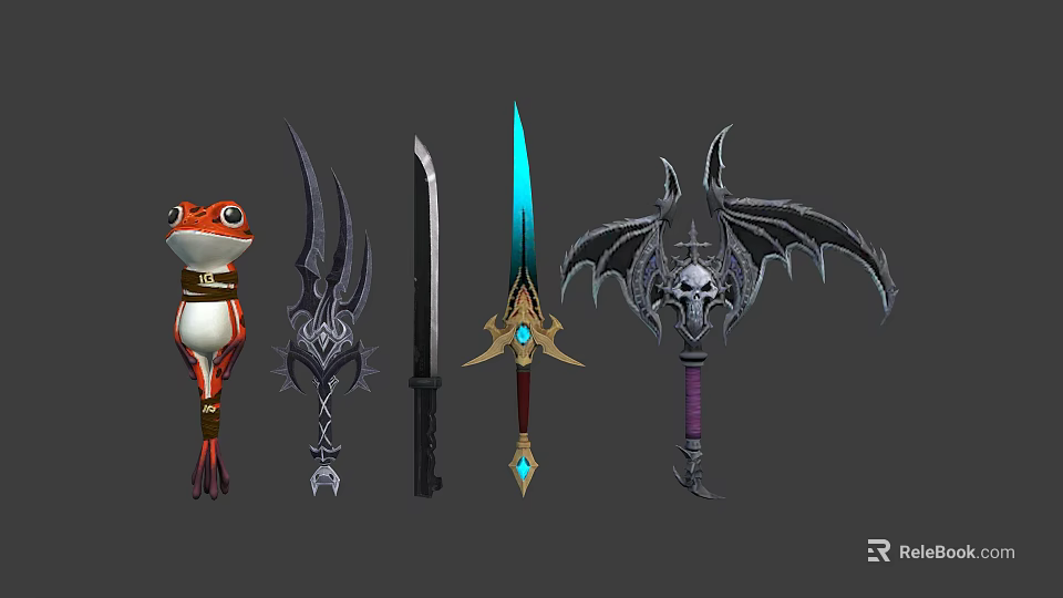 Decorative Fantasy Weapons Collection With Frog Shaped Staff Glowing Sword And Skull Bat Design 3d model 