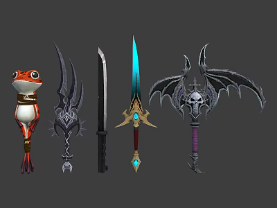 Decorative Fantasy Weapons Collection With Frog Shaped Staff Glowing Sword And Skull Bat Design 3d model