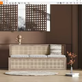 Public Chair With Rattan Material Three Seat And Gray Striped Cushions On Brown Wall Background