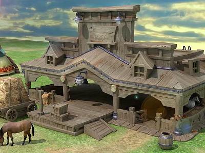 Cartoon Countryside Scene With Wooden Building Porch Haystack Horse And Barrel 3d model