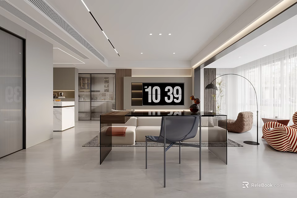 Modern Living and Dining Room Interior Design With Sofa Dining Table And Decorative Clock 3d model