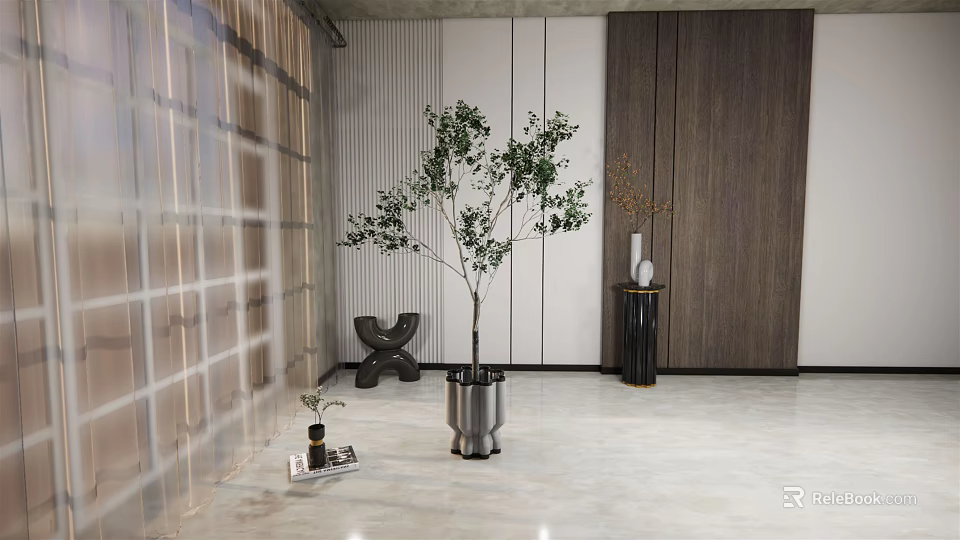 Elegant Indoor Bonsai Tree In Metal Pot With Marble Floor And Wooden Wall Decor 3d model 