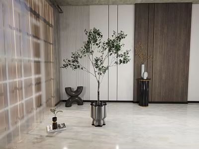 Elegant Indoor Bonsai Tree In Metal Pot With Marble Floor And Wooden Wall Decor 3d model