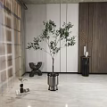 Elegant Indoor Bonsai Tree In Metal Pot With Marble Floor And Wooden Wall Decor