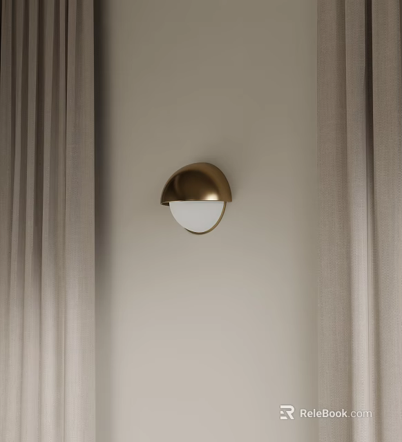 Golden Half Moon Shaped Modern Wall Lamp On Beige Wall With Curtains 3d model 