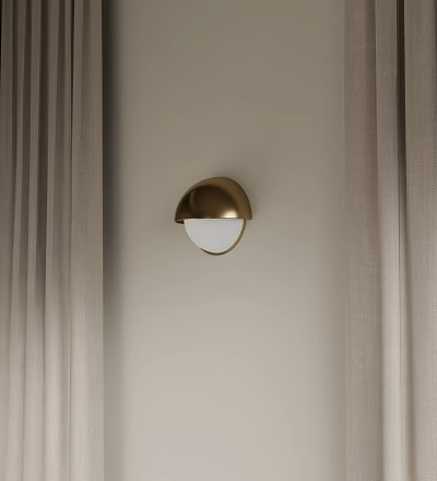 Golden Half Moon Shaped Modern Wall Lamp On Beige Wall With Curtains 3d model