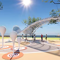 Modern Pergola Structure In Outdoor Park With Trees And Circular Floor Patterns 3d model