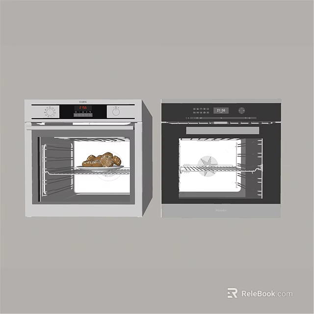 Two Modern Kitchen Ovens In White And Black With Interior Baked Bread And Racks 3d model 