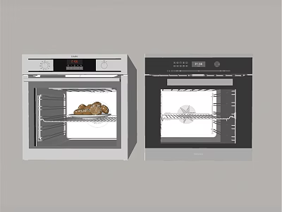 Two Modern Kitchen Ovens In White And Black With Interior Baked Bread And Racks 3d model