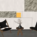 Two Modern Leather Leisure Chairs With Wooden Frame And Small Table In Stone Interior