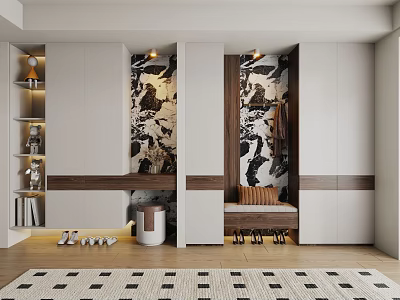 Modern Shoe Cabinet Interior Design With Storage Bench Decorative Wall Pattern And Lighting 3d model