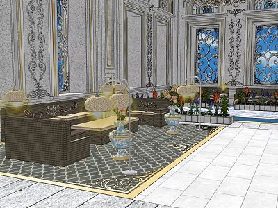 Sacred Religious Sanctuary Interior With Ornate Decorations Stained Glass Windows Comfortable Sofas And Patterned Carpets 3d model