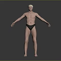 3D Male Character Standing with Outstretched Arms in Black Briefs Against Gray Black Gradient Background