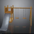 Outdoor Wooden Playground Structure with Slide Platform and Two Swings