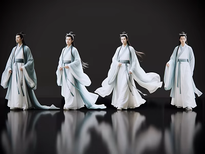 Four Men in Traditional Flowing Robes Standing on Black Background with Reflections 3d model