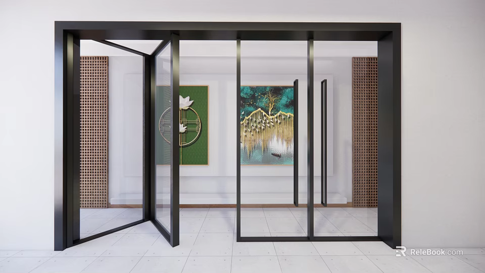 Modern Glass Folding Doors With Black Frame In Interior With Decorative Artwork And Tile Floor 3d model 
