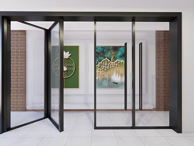 Modern Glass Folding Doors With Black Frame In Interior With Decorative Artwork And Tile Floor 3d model
