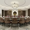 Elegant Private Dining Room Interior With Round Dining Table Upholstered Chairs Red Tableware And Chandelier