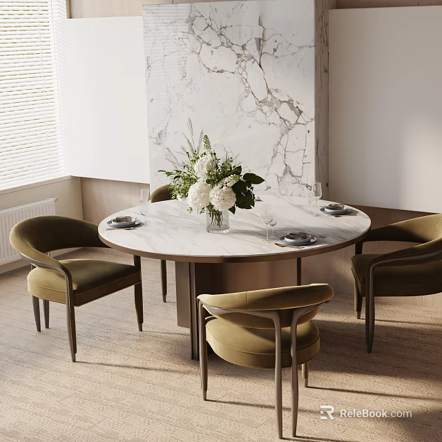 Round Marble Dining Table Set With Velvet Green Chairs White Floral Centerpiece 3d model 