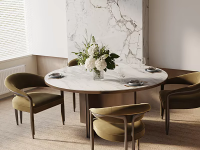 Round Marble Dining Table Set With Velvet Green Chairs White Floral Centerpiece 3d model