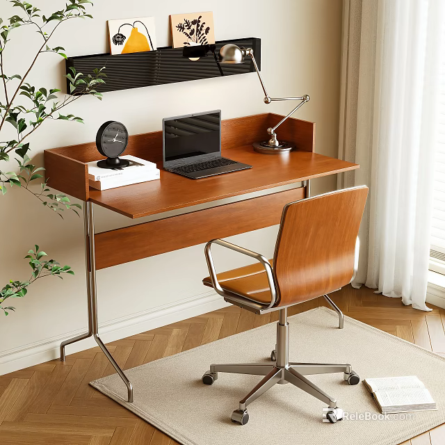 Modern Wooden Desk With Laptop Desk Lamp Clock Books And Brown Chair Near Window 3d model 