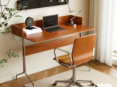 Modern Wooden Desk With Laptop Desk Lamp Clock Books And Brown Chair Near Window 3d model