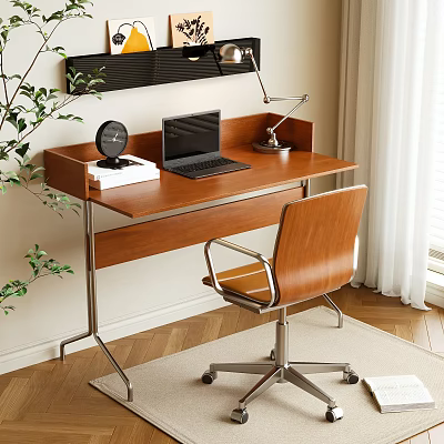 Modern Wooden Desk With Laptop Desk Lamp Clock Books And Brown Chair Near Window 3d model